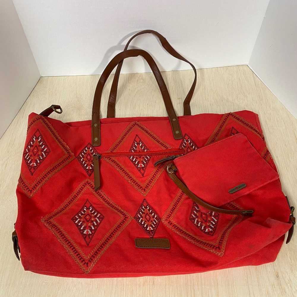 Lucky Brand Embroidered Canvas Tote Southwestern • Coin Bag Leather Straps • Red